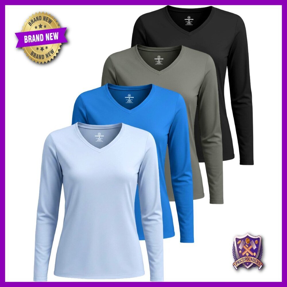 4 Pack Long Sleeve Dry Fit V-Neck Active Workout Tops Plus Size